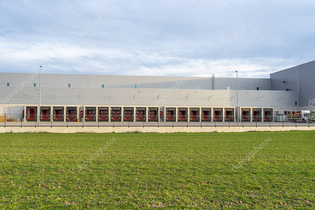 Koblenz, Germany 16 February 2020. The distribution center and warehouse of the Rewe grocery store in Koblenz in western Germany. Empty warehouse dock for loading trucks visible.