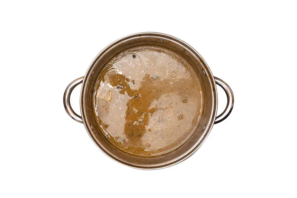 ハンドル付きの鍋にキノコスープ フラットトップビュー クリッピングパスを持つ白い背景に隔離された — ストック写真