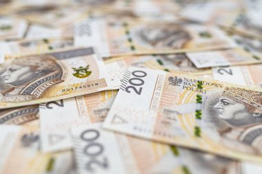 Polonya 200 PLN banknotunun ön tarafından yapılmış arka plan, finans ve ekonomi için arka plan.