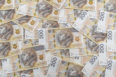 Polonya 200 PLN banknotunun ön tarafından yapılmış arka plan, finans ve ekonomi için arka plan.