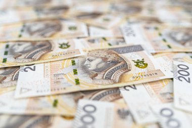Polonya 200 PLN banknotunun ön tarafından yapılmış arka plan, finans ve ekonomi için arka plan.