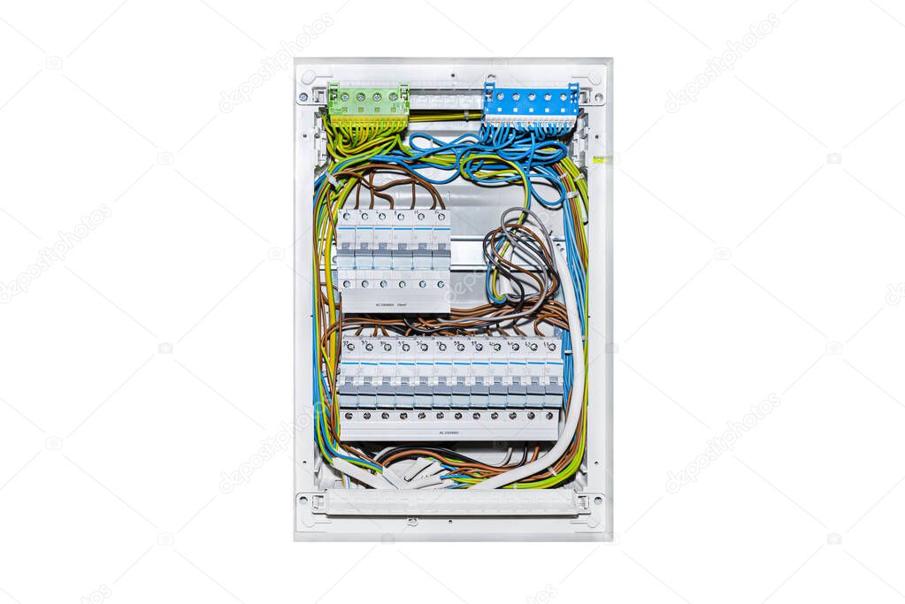 Single-phase fuse box for lighting the house in the OFF position with a self-locking block for grounding and neutral wires. Isolated on white with a clipping path.