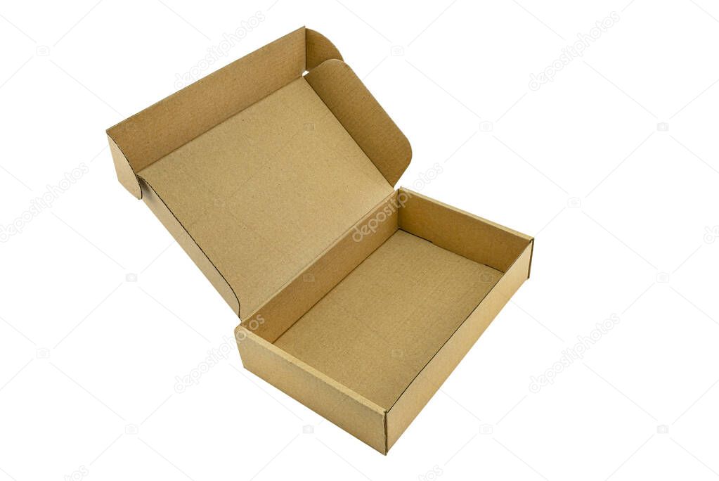 Small cardboard made of corrugated cardboard with an opening upper part, isolated on a white background with a clipping path.