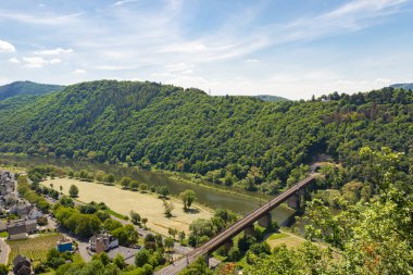 Batı Almanya 'da bahar mevsiminde güzel, olgunlaşan üzüm bağları, tepelerin arasından akan Moselle nehri. Nehrin üzerindeki demiryolu köprüsü görünüyor.. 
