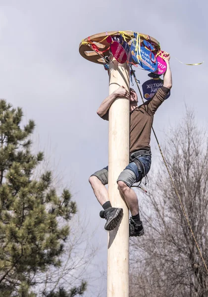 Le gars prend le prix au sommet du pilier à Shrovetide — Photo