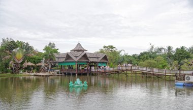  Lake parkta. Turist çay ve balık WA bakmak