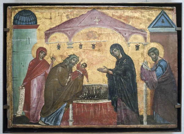 Guido Da Siena. Nativity.The presentatie in de tempel. Rond — Stockfoto