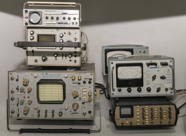 Kamensk-Shakhtinsky, Russia-August 17, 2019: Oscilloscopes of the end of the last century, made in the USSR- in the Museum of the Legend of the USSR