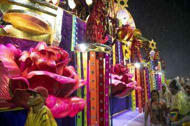 Rio de Janeiro, Brasil-  February 29, 2020: Samba Parade at the 2020 Carnival,Champions Parade, Sambodromo. It's raining