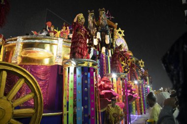 Rio de Janeiro, Brasil-  February 29, 2020: Samba Parade at the 2020 Carnival,Champions Parade, Sambodromo. It's raining