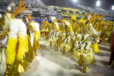 Rio de Janeiro, Brasil-  February 29, 2020: Samba Parade at the 2020 Carnival, Champions Parade, Sambodromo. It's raining