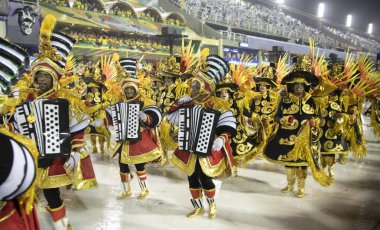 Rio de Janeiro, Brasil-  February 29, 2020: Samba Parade at the 2020 Carnival, Champions Parade, Sambodromo. It's raining