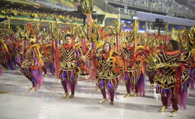 Rio de Janeiro, Brasil-  February 29, 2020: Samba Parade at the 2020 Carnival, Champions Parade, Sambodromo. It's raining