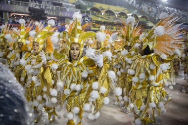 Rio de Janeiro, Brasil-  February 29, 2020: Samba Parade at the 2020 Carnival,Champions Parade, Sambodromo. It's raining