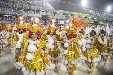 Rio de Janeiro, Brasil-  February 29, 2020: Samba Parade at the 2020 Carnival,Champions Parade, Sambodromo. It's raining