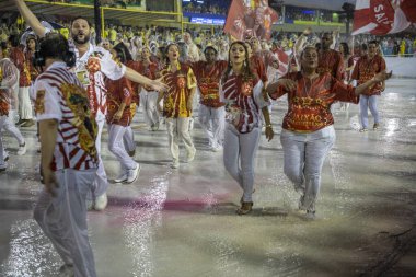 Rio de Janeiro, Brasil-  February 29, 2020: Samba Parade at the 2020 Carnival,Champions Parade, Sambodromo. It's raining