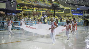 Rio de Janeiro, Brasil-  February 29, 2020: Samba Parade at the 2020 Carnival,Champions Parade, Sambodromo. It's raining