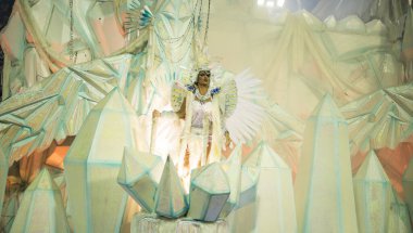 Rio de Janeiro, Brasil-  February 29, 2020: Samba Parade at the 2020 Carnival, Champions Parade, Sambodromo. It's raining