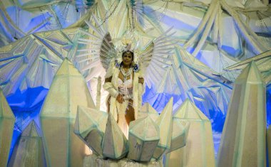 Rio de Janeiro, Brasil-  February 29, 2020: Samba Parade at the 2020 Carnival, Champions Parade, Sambodromo. It's raining
