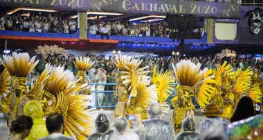 Rio de Janeiro, Brasil-  February 29, 2020: Samba Parade at the 2020 Carnival, Champions Parade, Sambodromo. It's raining