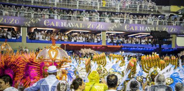 Rio de Janeiro, Brasil-  February 29, 2020: Samba Parade at the 2020 Carnival, Champions Parade, Sambodromo. It's raining