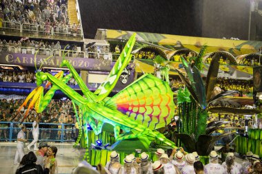 Rio de Janeiro, Brasil-  February 29, 2020: Samba Parade at the 2020 Carnival,Champions Parade, Sambodromo. It's raining