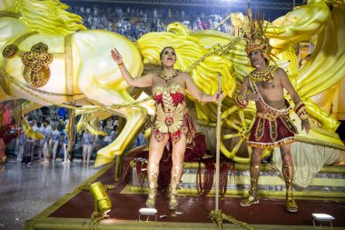 Rio de Janeiro, Brasil-  February 29, 2020: Samba Parade at the 2020 Carnival, Champions Parade, Sambodromo. It's raining
