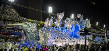 Rio de Janeiro, Brasil-  February 29, 2020: Samba Parade at the 2020 Carnival,Champions Parade, Sambodromo. It's raining