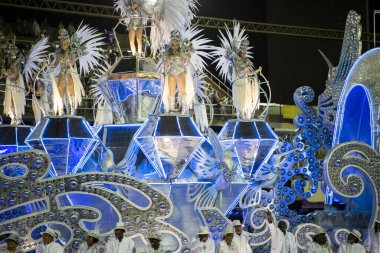 Rio de Janeiro, Brasil-  February 29, 2020: Samba Parade at the 2020 Carnival,Champions Parade, Sambodromo. It's raining