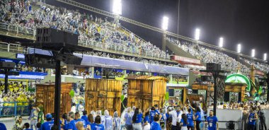 Rio de Janeiro, Brasil-  February 29, 2020: Samba Parade at the 2020 Carnival,Champions Parade, Sambodromo. It's raining