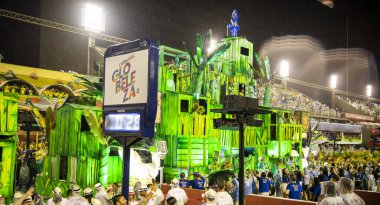 Rio de Janeiro, Brasil-  February 29, 2020: Samba Parade at the 2020 Carnival,Champions Parade, Sambodromo. It's raining