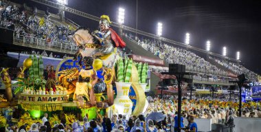 Rio de Janeiro, Brasil-  February 29, 2020: Samba Parade at the 2020 Carnival,Champions Parade, Sambodromo. It's raining