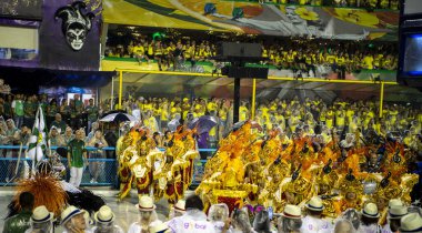 Rio de Janeiro, Brasil-  February 29, 2020: Samba Parade at the 2020 Carnival, Champions Parade, Sambodromo. It's raining