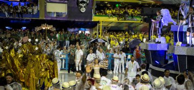 Rio de Janeiro, Brasil-  February 29, 2020: Samba Parade at the 2020 Carnival, Champions Parade, Sambodromo. It's raining
