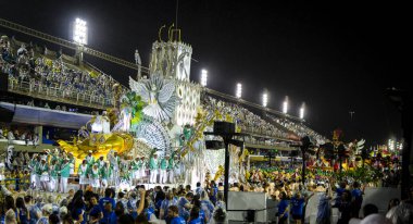 Rio de Janeiro, Brasil-  February 29, 2020: Samba Parade at the 2020 Carnival, Champions Parade, Sambodromo. It's raining