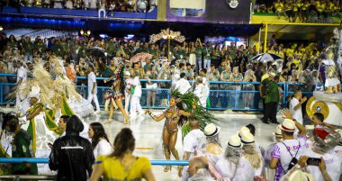 Rio de Janeiro, Brasil-  February 29, 2020: Samba Parade at the 2020 Carnival, Champions Parade, Sambodromo. It's raining