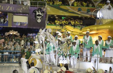 Rio de Janeiro, Brasil-  February 29, 2020: Samba Parade at the 2020 Carnival, Champions Parade, Sambodromo. It's raining