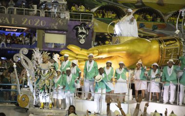 Rio de Janeiro, Brasil-  February 29, 2020: Samba Parade at the 2020 Carnival, Champions Parade, Sambodromo. It's raining