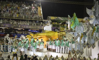 Rio de Janeiro, Brasil-  February 29, 2020: Samba Parade at the 2020 Carnival, Champions Parade, Sambodromo. It's raining