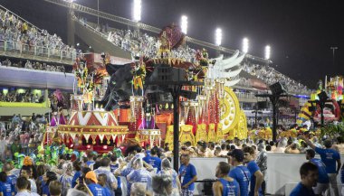 Rio de Janeiro, Brasil-  February 29, 2020: Samba Parade at the 2020 Carnival,Champions Parade, Sambodromo. It's raining