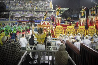 Rio de Janeiro, Brasil-  February 29, 2020: Samba Parade at the 2020 Carnival,Champions Parade, Sambodromo. It's raining