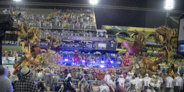 Rio de Janeiro, Brasil-  February 29, 2020: Samba Parade at the 2020 Carnival,Champions Parade, Sambodromo. It's raining