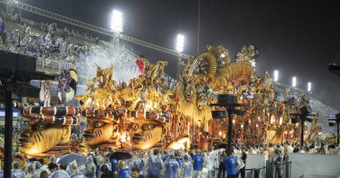 Rio de Janeiro, Brasil-  February 29, 2020: Samba Parade at the 2020 Carnival,Champions Parade, Sambodromo. It's raining