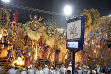 Rio de Janeiro, Brasil-  February 29, 2020: Samba Parade at the 2020 Carnival,Champions Parade, Sambodromo. It's raining