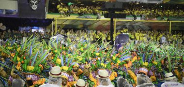 Rio de Janeiro, Brasil-  February 29, 2020: Samba Parade at the 2020 Carnival, Champions Parade, Sambodromo. It's raining