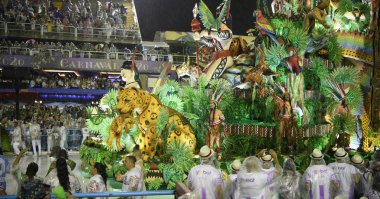 Rio de Janeiro, Brasil-  February 29, 2020: Samba Parade at the 2020 Carnival, Champions Parade, Sambodromo. It's raining