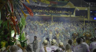 Rio de Janeiro, Brasil-  February 29, 2020: Samba Parade at the 2020 Carnival, Champions Parade, Sambodromo. It's raining