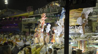 Rio de Janeiro, Brasil-  February 29, 2020: Samba Parade at the 2020 Carnival, Champions Parade, Sambodromo. It's raining