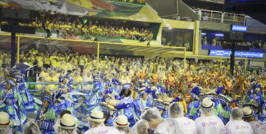 Rio de Janeiro, Brasil-  February 29, 2020: Samba Parade at the 2020 Carnival, Champions Parade, Sambodromo. It's raining