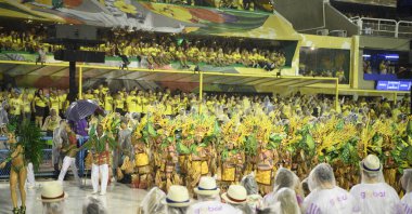 Rio de Janeiro, Brasil-  February 29, 2020: Samba Parade at the 2020 Carnival, Champions Parade, Sambodromo. It's raining